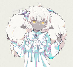 Rule 34 | 1girl, ahoge, alternate hairstyle, animal ears, aqua bow, aqua dress, bow, buttons, closed mouth, colored skin, commentary request, dot mouth, dress, expressionless, fluffy, frilled shirt collar, frilled sleeves, frills, grey background, grey skin, hair bow, hands in hair, hands up, holographic clothing, horizontal pupils, long hair, long sleeves, neck ribbon, original, puffy long sleeves, puffy sleeves, ribbon, sheep ears, sheep girl, simple background, solo, terayamaden, twintails, twitter username, upper body, w arms, white hair, yellow eyes