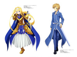 Rule 34 | 1boy, 1girl, absurdres, alice zuberg, aqua eyes, armor, armored boots, armored dress, black footwear, blonde hair, blue coat, blue dress, blue eyes, blue pants, blue rose sword, boots, bow, braid, braided ponytail, character name, closed mouth, coat, collarbone, dress, eugeo, faulds, floating hair, full body, gold armor, hair between eyes, hair bow, hair intakes, hairband, highres, leaning forward, long hair, long skirt, long sleeves, looking at viewer, official art, osmanthus blade, pants, pleated skirt, ponytail, short hair, shoulder armor, simple background, skirt, smile, standing, sword art online, very long hair, white background, white bow, white hairband, white skirt, wing collar