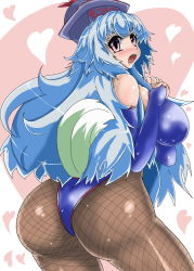 Rule 34 | 1girl, ass, bare shoulders, blue hair, breast suppress, breasts, female focus, fishnets, from behind, hat, heart, kamishirasawa keine, large breasts, long hair, open mouth, pantyhose, pink eyes, solo, standing, tail, touhou, urx ura, wolf tail