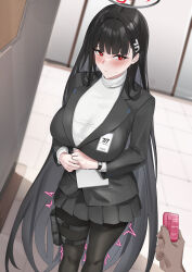 Rule 34 | 1boy, 1girl, black hair, black pantyhose, blazer, blazingchaos, blue archive, blush, breasts, hair ornament, hairclip, halo, highres, holster, jacket, large breasts, long hair, looking at viewer, pantyhose, pleated skirt, red eyes, rio (blue archive), skirt, smile, solo focus, sweater, thigh holster, turtleneck, turtleneck sweater, very long hair, watch, wristwatch