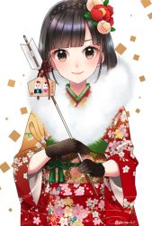 Rule 34 | 1girl, alternate costume, artist name, bell, black gloves, black hair, blunt bangs, blush, brown eyes, chinese zodiac, closed mouth, ema, eyelashes, floral print, flower, fur collar, furisode, gloves, green ribbon, hair flower, hair ornament, holding, japanese clothes, jingle bell, kimono, koruri, long sleeves, looking at viewer, original, pink lips, red ribbon, ribbon, sash, simple background, solo, tareme, tassel, translation request, twitter username, upper body, white background, wide sleeves, year of the rooster