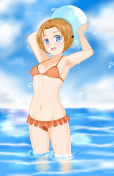 Rule 34 | 10s, 1girl, armpits, arms behind head, arms up, bad id, bad pixiv id, ball, beachball, bikini, black bow, blue eyes, blue sky, bow, braid, breasts, cloud, cloudy sky, commentary request, cowboy shot, day, frilled bikini, frills, girls und panzer, hair bow, hako reeema, highres, holding, looking at viewer, navel, ocean, open mouth, orange bikini, orange pekoe (girls und panzer), outdoors, parted bangs, short hair, sky, small breasts, smile, solo, standing, swimsuit, twin braids, wading, water drop, wet