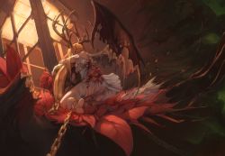 Rule 34 | 1girl, absurdres, antlers, arrow (projectile), bare shoulders, bare tree, barefoot, blonde hair, blood, blood on clothes, bloody clothes, bloody dress, bloody wings, broken, chain, contrast, crack, cuffs, demon girl, demon wings, dress, flower, gold, highres, horns, impaled, lamp, leaf, long hair, original, oversized object, pocket watch, pointy ears, protecting, reaching, reaching towards viewer, red flower, restrained, shackles, solo, torn wings, tree, watch, white dress, wings, zeniyan