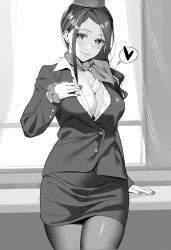 Rule 34 | 1girl, absurdres, asymmetrical hair, between breasts, breasts, cleavage, cowboy shot, earrings, greyscale, hat, heart, highres, jacket, jewelry, kitazawa (embers), large breasts, leaning back, long hair, miniskirt, monochrome, original, pantyhose, parted bangs, partially unbuttoned, pencil skirt, revision, scarf, shirt, skirt, smile, solo, speech bubble, spoken heart, standing, travel attendant