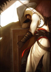 Rule 34 | 1boy, altair ibn la-ahad, assassin&#039;s creed, assassin&#039;s creed (series), bad id, bad pixiv id, electra018, gloves, hood, knife, lying, male focus, pillow, solo, vambraces