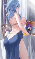 Rule 34 | 1girl, absurdres, ako (blue archive), ako (dress) (blue archive), ass, backless dress, backless outfit, blue archive, blue dress, blue eyes, blue hair, blue halo, blush, breasts, butt crack, cowboy shot, cup, dress, earrings, halo, highres, jewelry, large breasts, long hair, natu (natu sod), official alternate costume, solo
