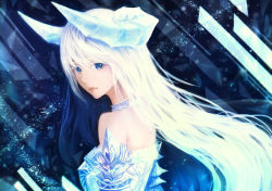 Rule 34 | 1girl, armor, bare shoulders, blue eyes, choker, commentary, dragon girl, dragon horns, fantasy, horns, ice, light particles, lips, long hair, looking at viewer, looking back, original, sakimori (hououbds), solo, upper body, white hair