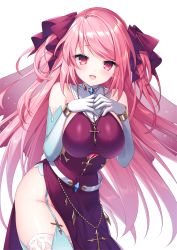 Rule 34 | 1girl, bare shoulders, belt, bow, breasts, commission, cowboy shot, cross, cross necklace, dress, elbow gloves, garter straps, gloves, hair bow, highres, jewelry, large breasts, long hair, looking at viewer, necklace, open mouth, pink eyes, pink hair, pixiv commission, purple dress, red bow, sacraneco, side slit, simple background, smile, solo, thighhighs, very long hair, white background, white belt, white gloves, white thighhighs
