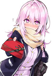 Rule 34 | 1girl, bag, black jacket, blazer, blush, box, breasts, brown scarf, cardigan, commentary request, covered mouth, cu-no, dutch angle, fingernails, flying sweatdrops, gift, gift box, hair between eyes, hisen kaede, holding, holding gift, jacket, long hair, long sleeves, medium breasts, nose blush, open clothes, open jacket, pink cardigan, pink hair, purple eyes, scarf, scarf over mouth, school bag, school uniform, simple background, solo, sweat, upper body, v-shaped eyebrows, valentine, white background, yayoi sakura
