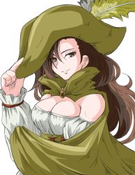 Rule 34 | 1girl, aira (dq7), breasts, brown eyes, brown hair, cape, cleavage, closed mouth, dragon quest, dragon quest vii, dress, hat, large breasts, long hair, looking at viewer, medium breasts, simple background, smile, solo, white background