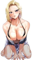 Rule 34 | 1girl, absurdres, all fours, android 18, bare shoulders, barefoot, bikini, black bikini, blonde hair, blush, breasts, cleavage, clothes around waist, collarbone, denim, denim jacket, dragon ball, dragonball z, earrings, forehead, full body, highres, jacket, jewelry, jovejun, large breasts, looking at viewer, navel, off shoulder, open mouth, purple eyes, short hair, simple background, solo, sweater, sweater around waist, swimsuit, teeth, upper teeth only, v-shaped eyebrows, wet, white background