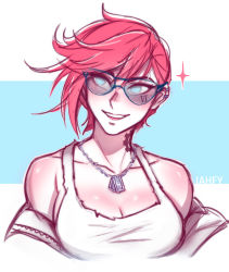 Rule 34 | 1girl, arcane: league of legends, artist name, bare shoulders, blue background, breasts, collarbone, commentary, dog tags, facial tattoo, glasses, hair between eyes, highres, iahfy, league of legends, medium breasts, open mouth, pink hair, short hair, simple background, smile, solo, tattoo, teeth, tongue, two-tone background, upper body, vi (league of legends), watermark, white background