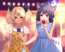 Rule 34 | 10s, 2girls, :d, alternate hairstyle, animal ears, bad id, bad twitter id, blonde hair, blue dress, blue eyes, blue hair, blush, bow, candy apple, cat ears, cellphone, curly hair, cyan (show by rock!!), dog tail, dress, drill hair, fang, festival, food, fukahire (ruinon), glasses, hair bow, hair ornament, hair rings, hairclip, multiple girls, open mouth, orange eyes, phone, polka dot, polka dot bow, retoree (show by rock!!), show by rock!!, smartphone, smile, summer festival, tail, twintails