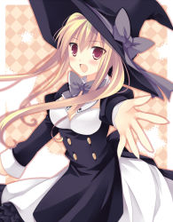 Rule 34 | 1girl, blonde hair, blush, bow, brown eyes, dress, female focus, hat, original, outstretched arm, outstretched hand, reaching, solo, takase kanan, witch hat