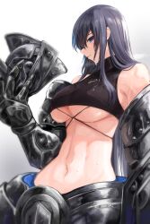 Rule 34 | 1girl, absurdres, armor, artist request, bare shoulders, black hair, blue eyes, breasts, cleavage, crop top, female focus, grey hair, unworn headwear, helmet, unworn helmet, highres, large breasts, long hair, looking at viewer, mature female, midriff, navel, original, profile, revealing clothes, simple background, sleeveless, solo, solo focus, stomach, sweat, sweatdrop, nervous sweating, tagme, teeth, underboob, wet, white background