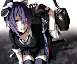 Rule 34 | 10s, 1girl, black thighhighs, cannon, cardigan, collarbone, eyepatch, fingerless gloves, gloves, hair ornament, kantai collection, md5 mismatch, necktie, personification, purple hair, resized, short hair, skirt, smile, solo, sword, tenryuu (kancolle), thighhighs, turret, vice (kuronekohadokoheiku), weapon, yellow eyes