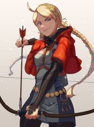Rule 34 | 1girl, absurdres, ahoge, arrow (projectile), barley juice, belt, blonde hair, blue eyes, bow (weapon), braid, breasts, closed mouth, fire emblem, fire emblem fates, hairband, highres, holding, holding arrow, holding bow (weapon), holding weapon, key, looking at viewer, nina (fire emblem), nintendo, solo, twin braids, weapon
