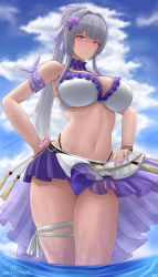 Rule 34 | 1girl, absurdres, archstreal, bare shoulders, bikini, blue sky, blush, breasts, cleavage, closed mouth, collarbone, grey hair, hair ornament, highres, large breasts, long hair, looking at viewer, mole, mole on breast, nail polish, navel, original, outdoors, ponytail, purple eyes, purple nails, sky, solo, strealia rinne (archstreal), swimsuit, thigh strap, thighs, water, white bikini