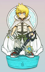 Rule 34 | 1boy, blonde hair, blue eyes, cape, character name, disney, dual wielding, full body, holding, keyblade, kingdom hearts, kiwi (11241124), looking at viewer, male focus, roxas, short hair, solo, square enix, standing