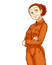 Rule 34 | 1girl, brown eyes, brown hair, crossed arms, fallout (series), fallout shelter online, female focus, jumpsuit, looking at viewer, moira brown, orange jumpsuit, ponytail, riarutoruchokku, simple background, solo, white background