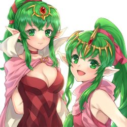 Rule 34 | 2girls, aged up, boots, breasts, cape, cleavage, dress, dual persona, fire emblem, fire emblem: mystery of the emblem, fire emblem awakening, fire emblem heroes, garter straps, gloves, green eyes, green hair, hair ornament, jurge, long hair, multiple girls, nintendo, pink dress, pointy ears, ponytail, red dress, short dress, side slit, simple background, stone, strapless, strapless dress, thigh boots, thighhighs, tiara, tiki (adult) (fire emblem), tiki (fire emblem), tiki (young) (fire emblem)