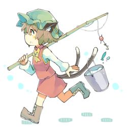 Rule 34 | 1girl, animal ears, baron (x5qgeh), brown hair, bucket, cat ears, cat tail, chen, earrings, fishing rod, hat, jewelry, multiple tails, short hair, simple background, solo, tail, touhou