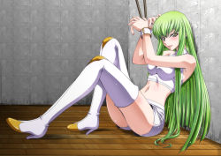 Rule 34 | 1girl, :d, bdsm, blush, bondage, bound, bound wrists, breasts, c.c., code geass, green hair, high heels, kaname aomame, long hair, looking at viewer, medium breasts, midriff, navel, open mouth, shorts, sitting, smile, solo, thighhighs, very long hair, white thighhighs, yellow eyes