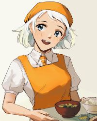 Rule 34 | 1girl, apron, blue eyes, blush, bowl, food, grey background, head scarf, highres, holding, holding tray, kantai collection, natsugumo (kancolle), nidou, one-hour drawing challenge, open mouth, orange apron, orange headwear, shirt, short hair, short sleeves, simple background, sketch, solo, tray, upper body, white hair, white shirt
