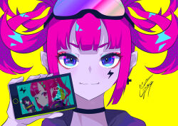 Rule 34 | 1girl, battery, blue eyes, cellphone, cellphone photo, choker, close-up, goggles, goggles on head, goma irasuto, highres, looking at viewer, original, phone, pink hair, signature, simple background, smartphone, solo, upper body, yellow background
