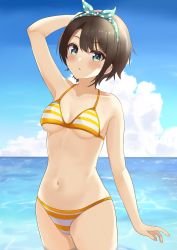 Rule 34 | 1girl, arm at side, arm up, bikini, black hair, blue eyes, blue sky, breasts, cloud, commentary, cowboy shot, green hairband, hairband, halterneck, highres, hololive, looking at viewer, medium breasts, mm (pomeme4), navel, oozora subaru, oozora subaru (hololive summer 2019), polka dot hairband, short hair, sky, solo, standing, stomach, striped bikini, striped clothes, swimsuit, virtual youtuber, wading, water