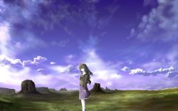 Rule 34 | 1girl, brown hair, cloud, expressionless, looking at viewer, mesa, nature, scenery, skirt, sky, solo, ssi, standing