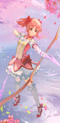 Rule 34 | 1girl, absurdres, aiming, arrow (projectile), bow, bow (weapon), bubble skirt, choker, commentary request, frilled socks, frills, full body, gloves, hair bow, high heels, highres, kaname madoka, kneehighs, magical girl, mahou shoujo madoka magica, parted lips, pink eyes, pink hair, puffy short sleeves, puffy sleeves, red bow, red choker, red footwear, ribbon choker, short hair, short sleeves, short twintails, skirt, socks, solo, twintails, weapon, white gloves, white socks, xianluojimaomao2333