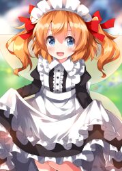 Rule 34 | 1girl, alternate costume, apron, black dress, blue eyes, blush, dress, enmaided, fairy, fairy wings, feet out of frame, frilled apron, frilled dress, frills, hair between eyes, highres, juliet sleeves, long sleeves, looking at viewer, maid, maid apron, maid headdress, medium hair, open mouth, orange hair, puffy sleeves, ruu (tksymkw), smile, solo, sunny milk, touhou, two side up, white apron, wings