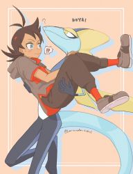 Rule 34 | !?, 1boy, 1other, puff of air, antenna hair, aqua eyes, artist name, black pants, black skin, blue skin, blush, border, bright pupils, brown hair, carrying, closed mouth, colored skin, creatures (company), drop shadow, eye contact, fins, full body, furry, game freak, gen 8 pokemon, goh (pokemon), grey footwear, grey shirt, hair ornament, hairclip, half-closed eyes, hands on own knees, hands up, head fins, highres, hood, hood down, hooded shirt, inteleon, knees together feet apart, leg up, lemonade kokoi, light blush, lizard tail, looking at another, multicolored skin, nervous, nintendo, orange background, outside border, pants, pokemon, pokemon (anime), pokemon (creature), pokemon journeys, princess carry, red socks, red trim, romaji text, shirt, shoes, short hair, short sleeves, signature, simple background, socks, speech bubble, spoken interrobang, standing, standing on one leg, surprised, sweat, tail, translation request, twitter username, white border, white pupils, white skin, wide-eyed, yellow eyes
