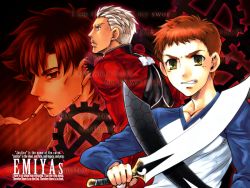 3boys archer_(fate) cigarette dark_skin dark-skinned_male emiya_kiritsugu emiya_shirou fate/stay_night fate_(series) gears kanshou_&amp;_bakuya_(fate) male_focus multiple_boys raglan_sleeves red_hair saksak69 short_hair sword weapon white_hair yellow_eyes