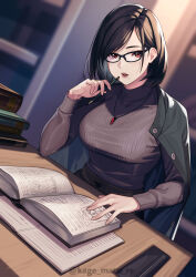 Rule 34 | 1girl, absurdres, artist name, black-framed eyewear, black hair, black skirt, black sweater, blurry, blurry background, book, breasts, commentary request, depth of field, desk, dutch angle, green jacket, hand up, highres, holding, holding pencil, indoors, jacket, jacket on shoulders, jewelry, kagematsuri, long sleeves, looking at viewer, mature female, medium breasts, mole, mole under mouth, necklace, open book, original, parted lips, pencil, red eyes, short hair, sitting, skirt, solo, sweater, turtleneck, turtleneck sweater