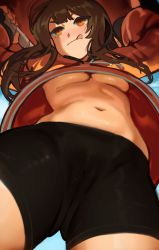 Rule 34 | 1girl, :q, ass, bike shorts, blush, breasts, brown eyes, brown hair, cameltoe, cleft of venus, closed mouth, commentary, english commentary, from below, guilty gear, guilty gear strive, hat, highres, holding, holding weapon, jacket, long hair, may (guilty gear), medium breasts, navel, orange jacket, paid reward available, roropull, shiny clothes, simple background, solo, stomach, tongue, tongue out, underboob, upshirt, weapon