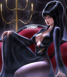 Rule 34 | 1girl, black dress, black hair, black nails, breasts, candle, candlestand, cleavage, couch, dress, elvira, elvira: mistress of the dark, izhardraws, long hair, looking at viewer, purple eyes, silk, sitting, small breasts, spider web