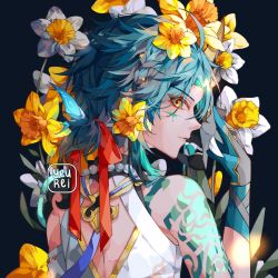 Rule 34 | 1boy, androgynous, artist name, bare shoulders, blue hair, braid, daffodil, dark background, flower, from behind, genshin impact, gloves, hair flower, hair ornament, hair ribbon, holding, holding flower, looking at viewer, looking back, portrait, red ribbon, ribbon, simple background, solo, tattoo, white flower, xiao (genshin impact), yellow eyes, yellow flower, yeurei