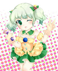 Rule 34 | 1girl, adapted costume, alternate hairstyle, aqua hair, armband, bare shoulders, bow, collar, dress, gloves, green eyes, hair bow, halftone, heart, highres, komeiji koishi, margamoid, microphone, no headwear, no headwear, one eye closed, open mouth, polka dot, polka dot background, short hair, solo, strapless, strapless dress, third eye, touhou, twintails, v, wink