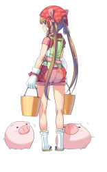 Rule 34 | 1girl, apron, ass, bandana, blue eyes, blush, brown hair, bucket, character hair ornament, from behind, gloves, hair ornament, hello kitty, highres, koume keito, long hair, looking at viewer, looking back, original, pig, sandals, sanrio, shorts, simple background, solo, standing, tabi, twintails, very long hair, white background