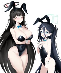 Rule 34 | 2girls, absurdres, animal ears, aqua halo, aris (blue archive), arms under breasts, black hair, black leotard, blue archive, blue bow, blue bowtie, blue eyes, bow, bowtie, breasts, crossed arms, detached collar, hair between eyes, halo, highres, large breasts, leotard, long hair, looking at viewer, multiple girls, one side up, open mouth, playboy bunny, potgit, rabbit ears, rectangular halo, red eyes, rio (blue archive), simple background, small breasts, standing, strapless, strapless leotard, very long hair, white background, wrist cuffs