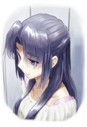 Rule 34 | 1girl, absurdres, asakura ryouko, blue eyes, blue hair, closed mouth, collarbone, commentary request, highres, ishiyuki, long hair, parted bangs, revision, shadow, shirt, smile, solo, suzumiya haruhi no yuuutsu, upper body, white shirt