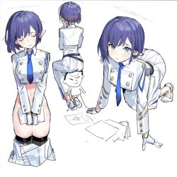 Rule 34 | 1boy, 1girl, all fours, aoi (blue archive), doodle sensei (blue archive), belt, black belt, black thighhighs, blue archive, blue eyes, blue hair, blue necktie, blush, breasts, closed eyes, closed mouth, collared jacket, covering crotch, covering privates, cropped legs, gloves, gohanduck, halo, head tilt, holding, holding paper, jacket, large breasts, long skirt, long sleeves, looking at viewer, medium bangs, mole, mole under eye, multiple views, necktie, paper, pointy ears, sensei (blue archive), shoes, short hair, skirt, thighhighs, white footwear, white gloves, white jacket, white skirt