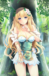 Rule 34 | 1girl, bare shoulders, blonde hair, blue eyes, blush, braid, breasts, cleavage, closed mouth, collarbone, covered erect nipples, day, detached collar, dress, finger to mouth, flower, forest, four goddesses online: cyber dimension neptune, french braid, hair flower, hair ornament, index finger raised, large breasts, long hair, looking at viewer, nature, neptune (series), no bra, outdoors, parted lips, shinjitsu (true ride), shiny skin, shushing, skirt, smile, solo, standing, vert (neptunia), very long hair