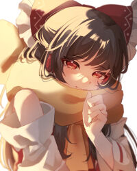 1girl absurdres ascot bare_shoulders bow brown_hair closed_mouth detached_sleeves frilled_bow frills hair_bow hakurei_reimu hands_up highres long_sleeves looking_at_another red_bow red_eyes ribbon-trimmed_sleeves ribbon_trim scarf simple_background solo touhou upper_body white_background white_sleeves yellow_ascot yellow_scarf yoshino_(q_sci)