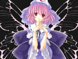 Rule 34 | 1girl, ayase hazuki, bow, bug, butterfly, butterfly wings, female focus, hat, head tilt, insect, insect wings, japanese clothes, kimono, large bow, looking at viewer, own hands clasped, own hands together, pink hair, red eyes, saigyouji yuyuko, short hair, solo, touhou, upper body, wings