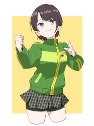 Rule 34 | 1girl, absurdres, black shorts, black skirt, border, brown hair, clenched hand, cosplay, cropped legs, donkoni, green jacket, hair behind ear, highres, hololive, jacket, oozora subaru, open hand, outside border, persona, persona 4, satonaka chie, satonaka chie (cosplay), shorts, skirt, smile, solo, virtual youtuber, white border, yellow background