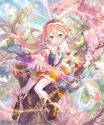 Rule 34 | 10s, 1girl, animal ears, bare shoulders, bird, blonde hair, blue eyes, blue sky, cherry blossoms, cloud, day, elbow gloves, feathers, flower, gloves, hair ornament, ibara riato, in tree, long hair, official art, open mouth, original, outstretched hand, petals, shingeki no bahamut, shirt, sitting, sitting in tree, skirt, sky, sleeveless, sleeveless shirt, smile, solo, thighhighs, tree, very long hair, white gloves, white thighhighs, wind, zettai ryouiki