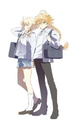 1boy 1girl absurdres aether_(genshin_impact) bag black_footwear black_pants blonde_hair blue_necktie blue_skirt braid brother_and_sister closed_mouth earrings genshin_impact high_heels highres iwatnc jacket jewelry long_hair long_sleeves lumine_(genshin_impact) necktie pants shirt shoes shoulder_bag siblings skirt socks vest white_jacket white_shirt white_socks white_vest yellow_eyes